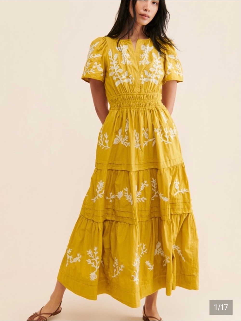 Anthropologie Somerset Lace Embroidered Mustard Tiered Maxi Dress